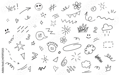 Vector set of different hand drawn, doodle element crowns, hearts, stars, flowers, sparkles, arrows, lightnings, smiley, signs and symbols іsolated on white background.