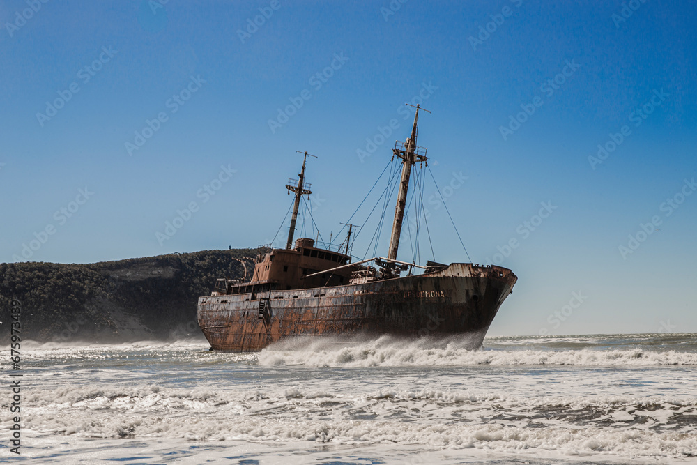 Shipwreck. Ship aground on the sea coast of Argentina.