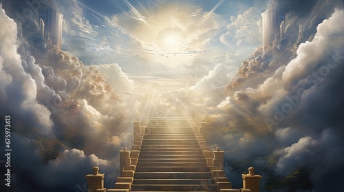 Stairway through the clouds to the heavenly light. Stairway to heaven photo