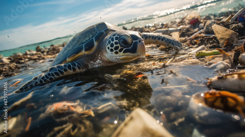 sea turtle in a dirty ocean, garbage, plastic bottles, water pollution, environmental problems, ecology, harm to animals, waste, nature in danger, eco-consciousness, global disaster, trash, shell, eco © Julia Zarubina