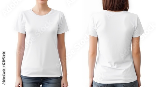 Front and back views of a young woman in a stylish t-shirt isolated on a black background, Clipping Path, Mockup for design