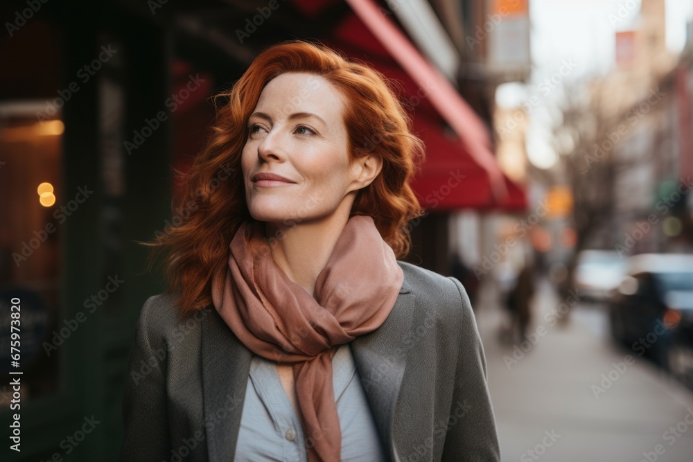 Portrait of a middle-aged woman with red hair in the city
