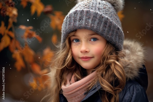 Portrait of a beautiful little girl in a hat and coat on a background of autumn forest.