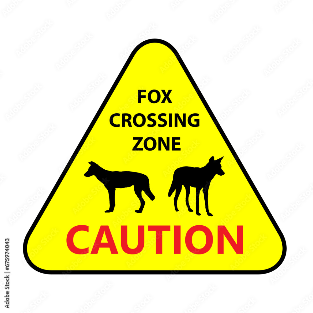 Yellow road sign Fox Crossing Zone. Drive slowly for beware of Wild