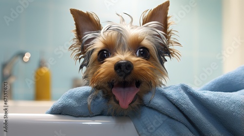 Yorkshire terrier in a bath towel showing tongue