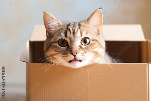 Happy cat closeup portrait with funny smile on cardboard © FryArt Studio