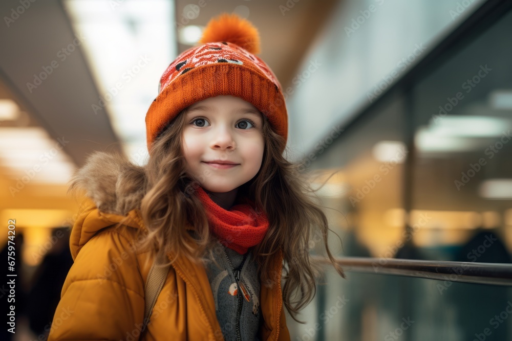 Portrait of a cute little girl in a red knitted hat and coat in the shopping center. Portrait of a cute little girl in a red knitted hat and coat in the shopping center.