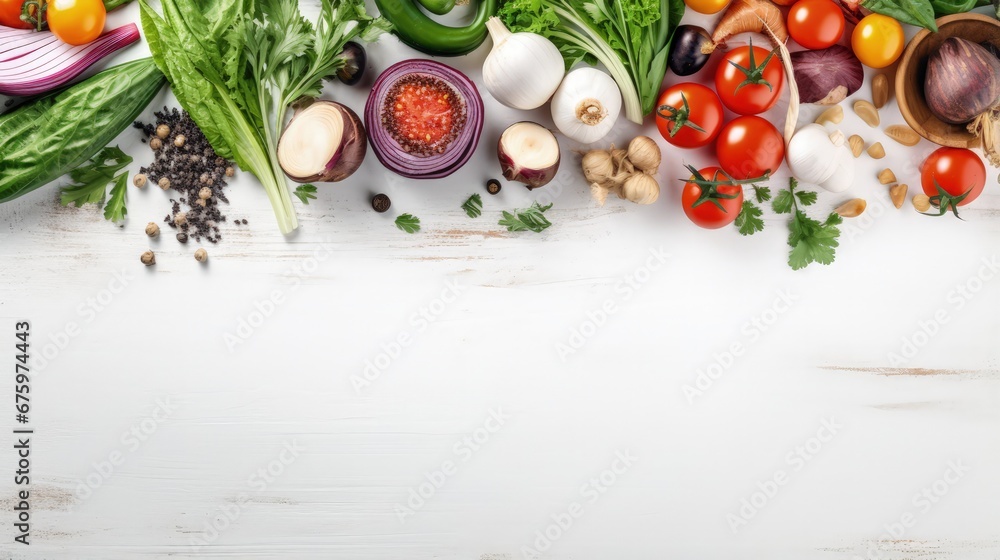 Appetizing vegetarian snacks, free space. Tasty vegetable meals variety on white wooden background with copy space in center. Menu, cuisine, kitchen concept Appetizing vegetarian snacks, free space. Tasty vegetable meals variety on white wooden background with copy space in center. Menu, cuisine, kitchen concept