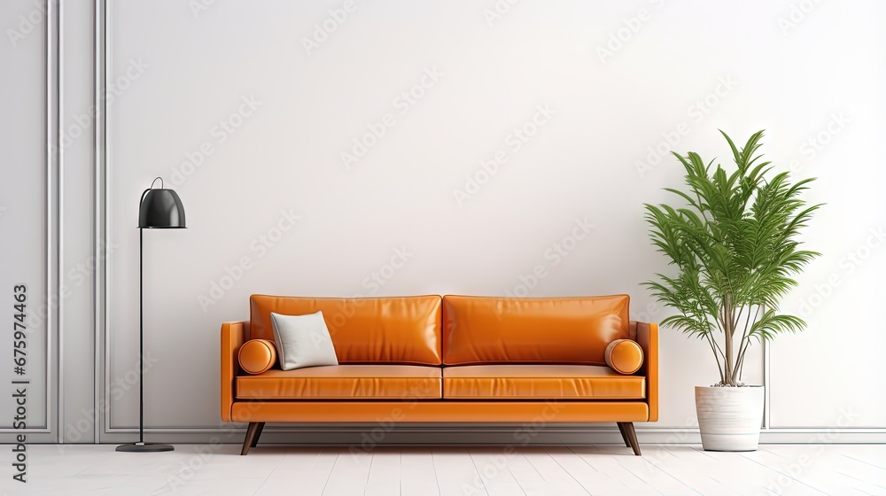 White wall interior living room have orange leather sofa and decoration minimal.3d rendering - obrazy, fototapety, plakaty 