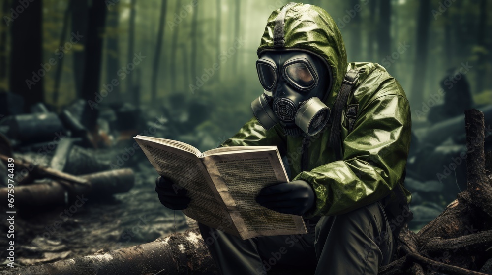 Image of man in gas mask turning page. Ecology concept