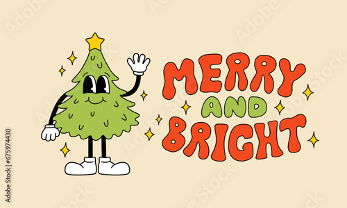 Merry and bright lettering and christmas tree. Vector illustration in retro groovy style. Holiday greeting card, banner