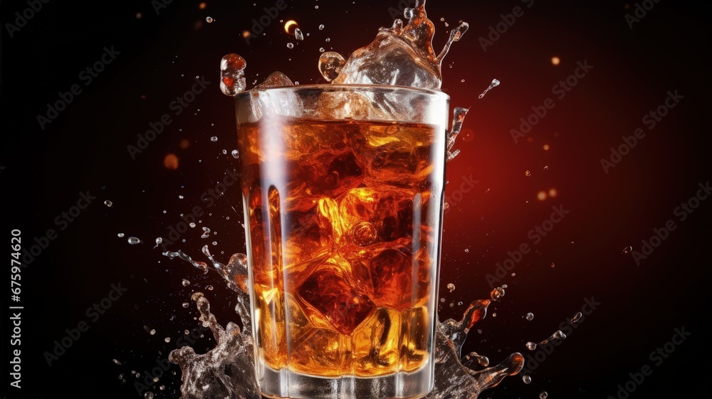 Soft drink glass with ice splash on cool smoke background. Cola glass with summer refreshment. Soft drink glass with ice splash on cool smoke background. Cola glass with summer refreshment.
