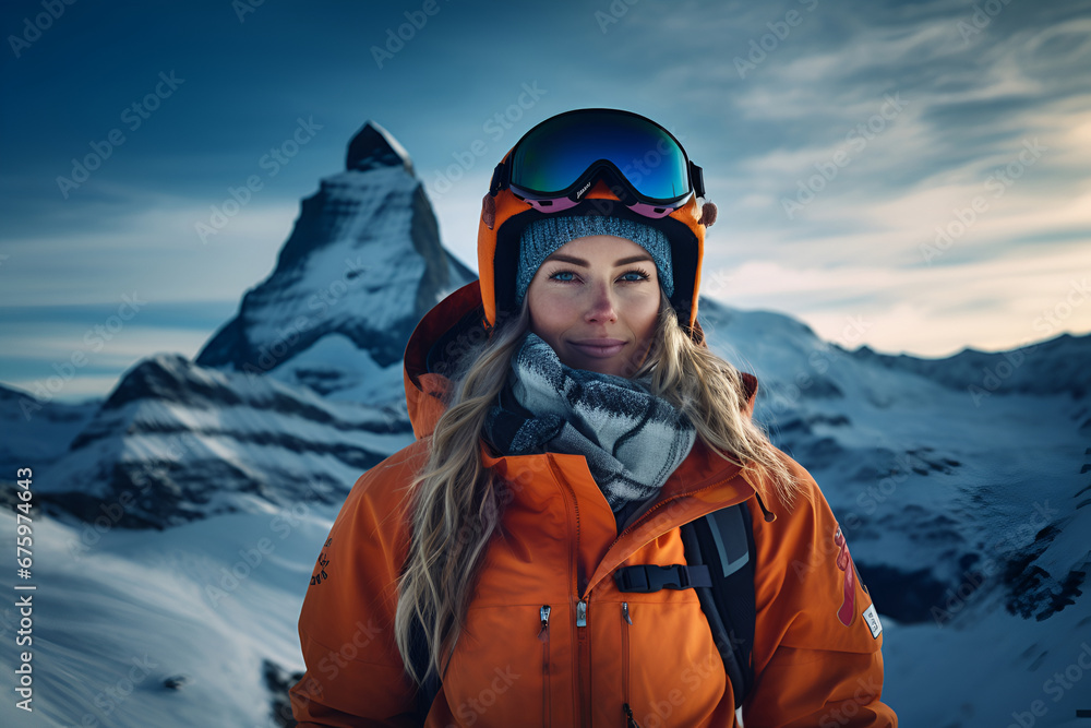 A woman in ski goggles at a winter resort on the background of mountains