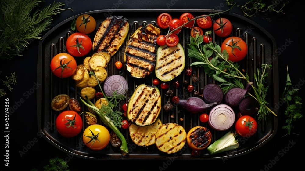 Grilling vegetables, raw vegetables prepared for grilling with the addition of olive oil, herbs and spices located on the grill plate, top view. Healthy nutrition concept, vegan meal Grilling vegetables, raw vegetables prepared for grilling with the addition of olive oil, herbs and spices located on the grill plate, top view. Healthy nutrition concept, vegan meal