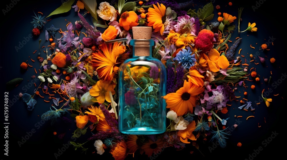 A vibrant explosion of herbs and flowers emerging from an apothecary bottle. The botanical ingredients symbolize natural health and wellness, emphasizing the power of nature in promoting wellbeing. - obrazy, fototapety, plakaty 