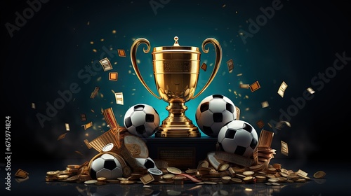 Sport betting, dark web banner with champion cup, gold coins and sport balls on square black podium