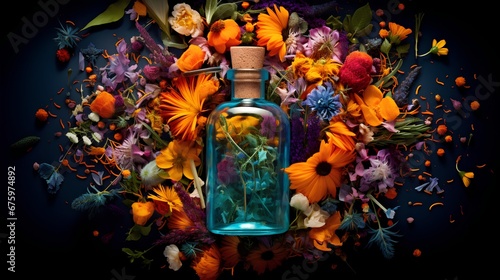 Slika na platnu A vibrant explosion of herbs and flowers emerging from an apothecary bottle