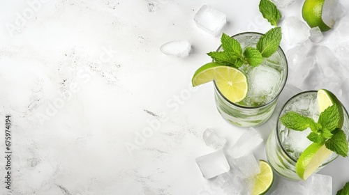 Mojito cocktail alcohol bar long drink traditional Cuba fresh tropical beverage top view copy space two highball glass, with rum, spearmint, lime juice, soda water and ice on white concrete table. photo