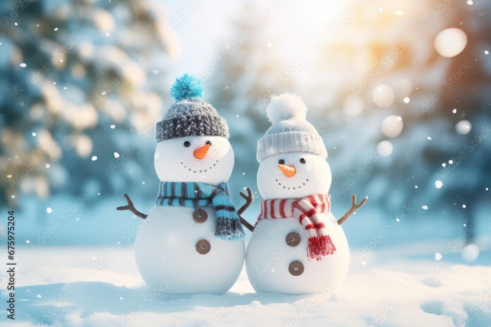 Two cheerful snowmen standing in winter Two cheerful snowmen standing in winter