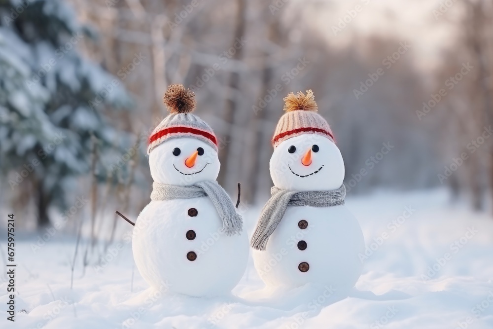 Two cheerful snowmen standing in winter Two cheerful snowmen standing in winter