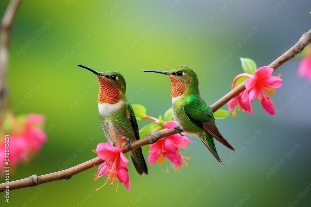 Naklejka premium Two hummingbird bird with pink flower green blurred background