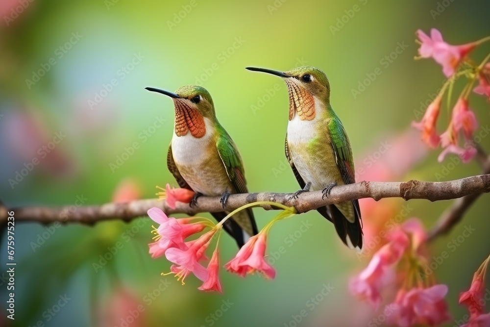 Fototapeta premium Two hummingbird bird with pink flower green blurred background