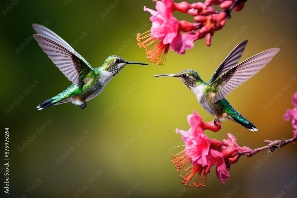 Two hummingbird bird with pink flower green blurred background Two hummingbird bird with pink flower green blurred background