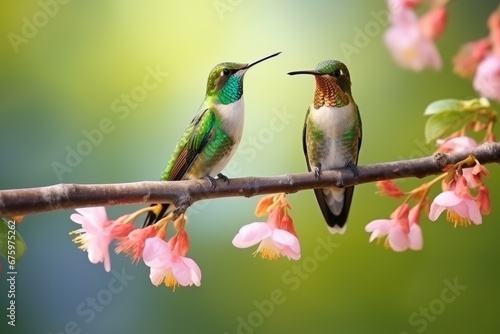 Two hummingbird bird with pink flower green blurred background photo
