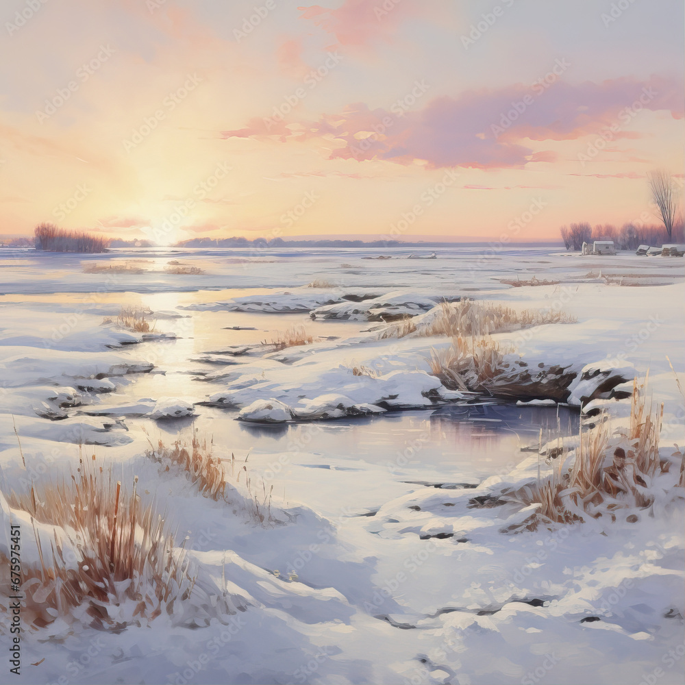 Fototapeta premium winter sunset over the river