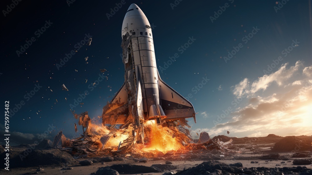 3d rendering of a retro space rocket broken after unsuccessful landing with its nose smashed into the ground. Space explorations. Broken dreams. Success and failure. - obrazy, fototapety, plakaty 