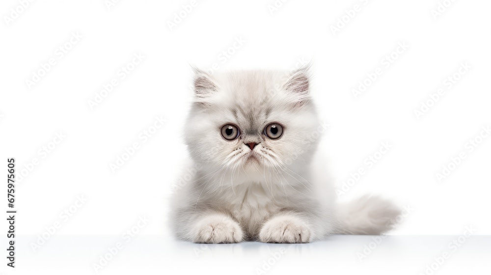 A wide banner with a funny wet white British cat on white isolated background