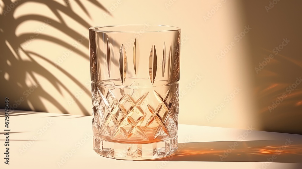 Minimal luxury aesthetic concept. Bohemian crystal glass with sparkling sunlight shadow on the white background