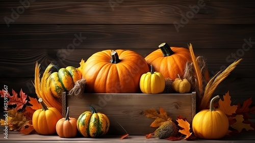 Hello autumn. Pumpkins and yellow leaves in a wooden box. Eco-friendly farm products. Harvest and Thanksgiving concept. Halloween celebrations.