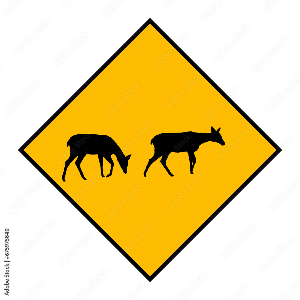 Yellow road sign: Deer Crossing Zone. Drive slowly for animal safety. Common on roads. Vector illustration on white background. Beware of reindeer Yellow road sign: Deer Crossing Zone. Drive slowly for animal safety. Common on roads. Vector illustration on white background. Beware of reindeer