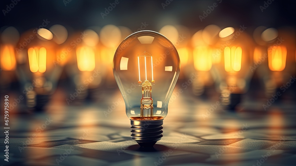 Glowing lightbulb standout from other lightbulbs. Emerging idea, good idea, new idea concept - obrazy, fototapety, plakaty 
