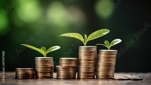 coin startup on coins stacking with green leaves plant growth up on top with graph up success on project planning or forecast. financial and saving concept. ESG Environmental Social Governance.