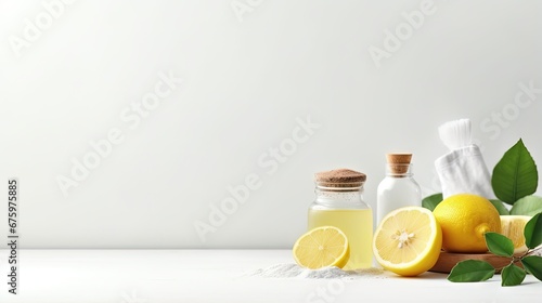Eco friendly natural cleaners, jar with baking soda, dish brush, lemon, soap on white background. Organic ingredients for homemade cleaning with mockup bottle. Zero waste concept, copy space