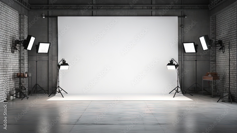 Studio - Modern Film Studio with white Screen. 3D rendering - obrazy, fototapety, plakaty 
