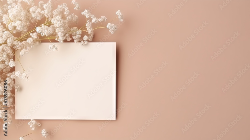 Obraz premium Wedding invitation card mockup with natural eucalyptus and white gypsophila twigs. Blank card mockup on beige background.