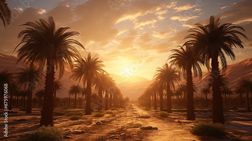 Sunrise above plantation of date palms, developing agriculture industry in desert areas of the Middle East © HN Works