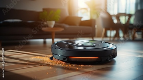 Robot vacuum cleaner performs automatic cleaning of the apartment at a certain time. Smart home