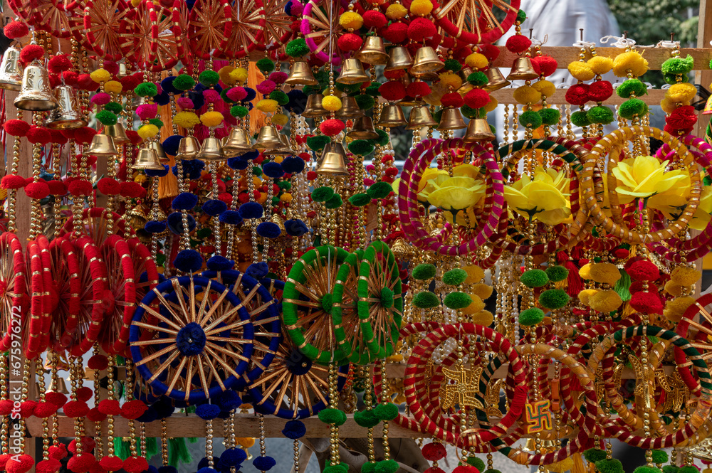Mumbai , India - 9 November 2023, Home decoration items souvenir for sale during diwali festival time at malad west Mumbai India