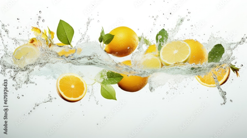 Falling fresh citrus fruits, ice cubes, mint and splashing water on white background Falling fresh citrus fruits, ice cubes, mint and splashing water on white background