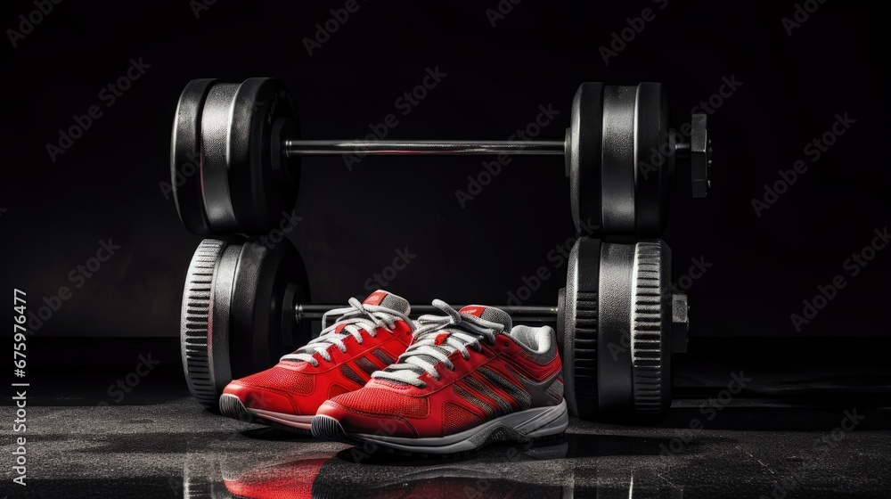 Fitness concept with dumbbells and sneakers Fitness concept with dumbbells and sneakers
