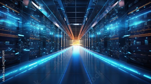 Shot of Corridor in Working Data Center Full of Rack Servers and Supercomputers with Internet connection Visualization Projection. © HN Works