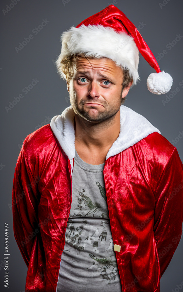 A funny and comic man with a Santa Claus hat and a tired look to the Christmas holidays A funny and comic man with a Santa Claus hat and a tired look to the Christmas holidays