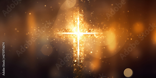 Religious cross abstract wallpaper with shining gold sparkles and radiant lights symbolism of heaven ,Glowing cross in the forest 3d render spiritual background with generative ai 