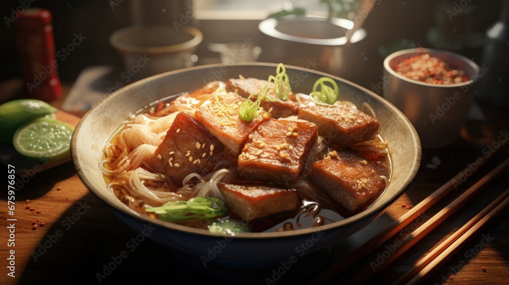 Shirmp rice noodles fried tofu and Roasted cinnamon pork Shirmp rice noodles fried tofu and Roasted cinnamon pork