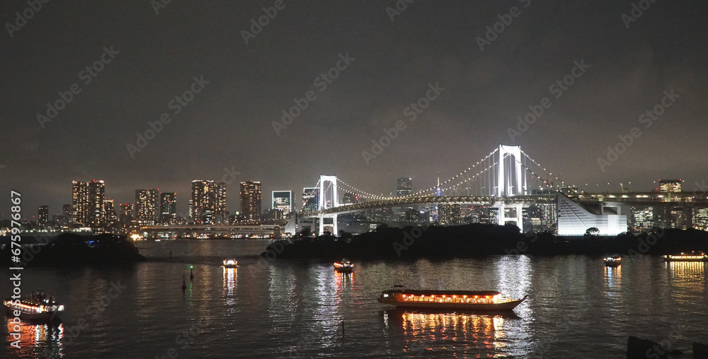 Rainbow Bridge and Tokyo Bay at Night. Odaiba, Japan.