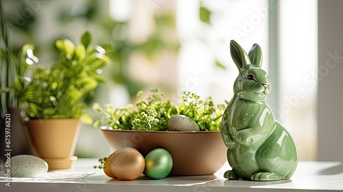 Easter home decor. Green bunny rabbit figurine and colored easter chocolate eggs on plate on wooden console with green home plants and sunlight and shadows on white wall. Selective focus. Copy space.